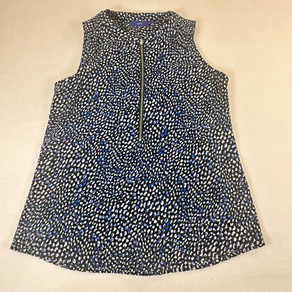 Apt 9 Womens XS Blue White Animal Print Sleeveless Half Zip Blouse Top